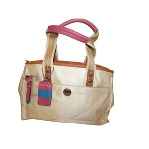 COACH Hampton White & Tan Double Handles Satin Satchel 11992 Y2K